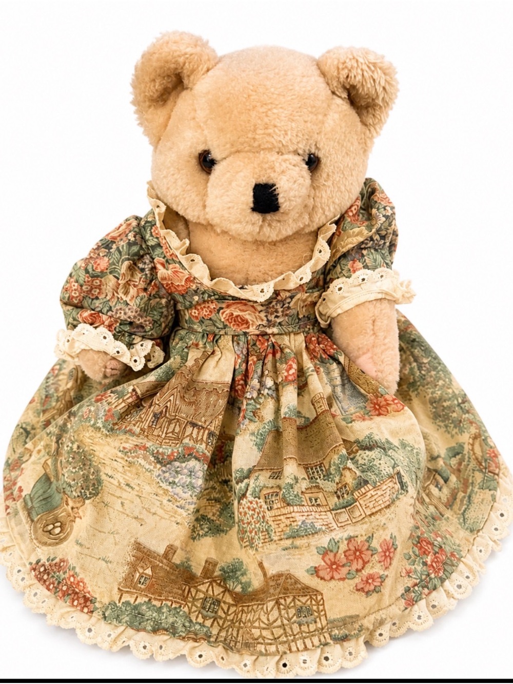 Vintage Handmade Teddy Bear w/ Springs Industries Fabric Cottagecore Dress